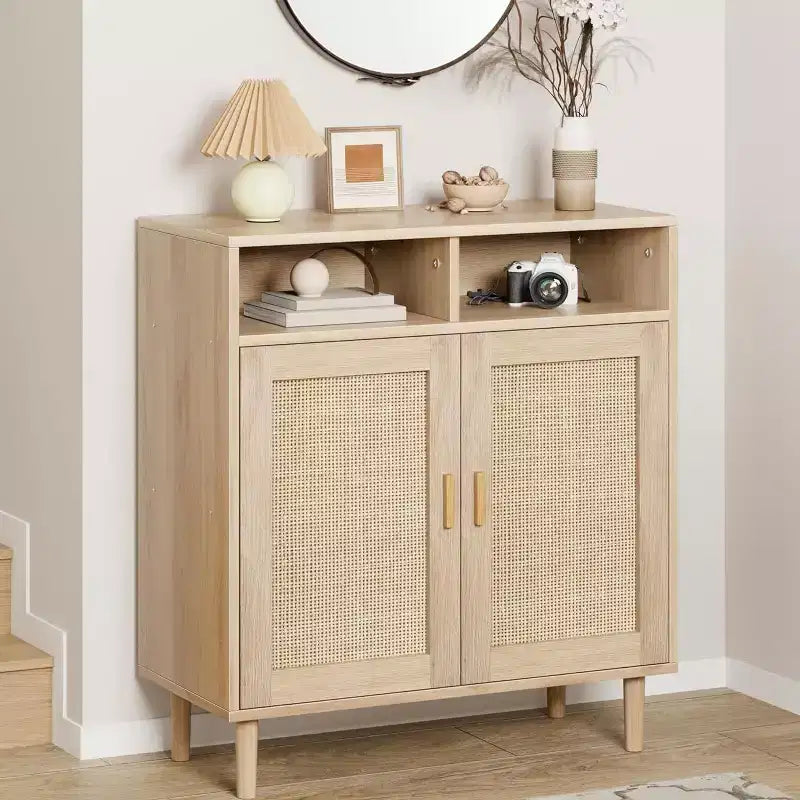Buffets bahuts en rotin – Meuble de rangement à 2 portes avec étagère, moderne pour salle à manger, meuble de bar à café, 91,44 cm H