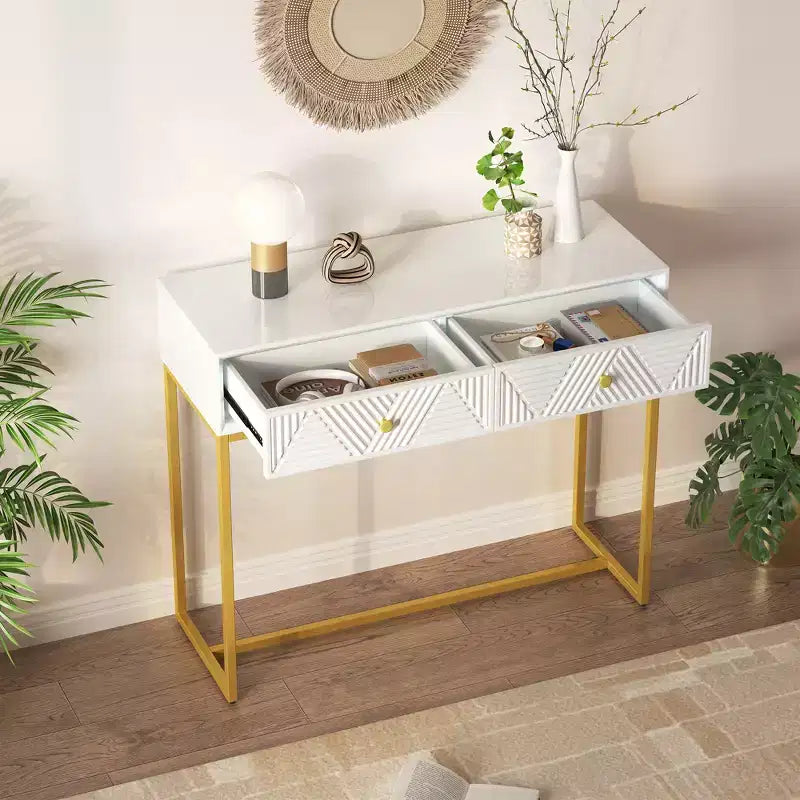 MAYEERTY Console étroite moderne avec rangement 2 tiroirs motif rayures pour salon couloir blanc
