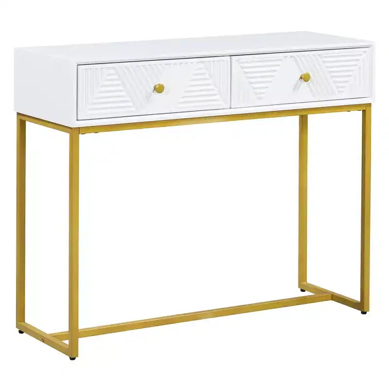 MAYEERTY Console étroite moderne avec rangement 2 tiroirs motif rayures pour salon couloir blanc