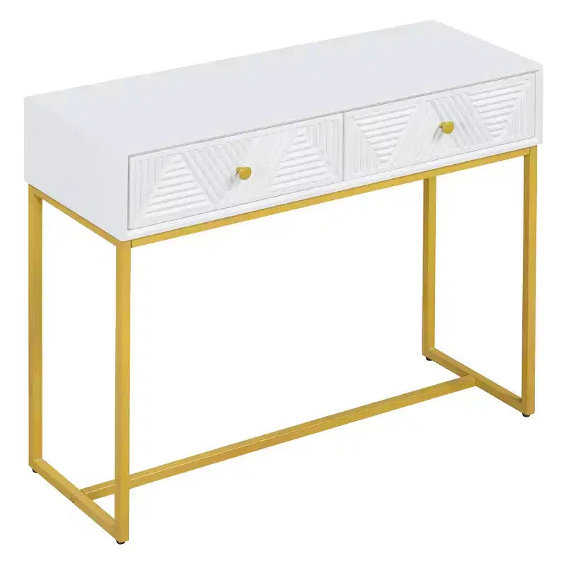 MAYEERTY Console étroite moderne avec rangement 2 tiroirs motif rayures pour salon couloir blanc