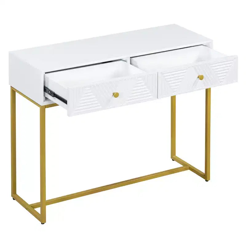 MAYEERTY Console étroite moderne avec rangement 2 tiroirs motif rayures pour salon couloir blanc