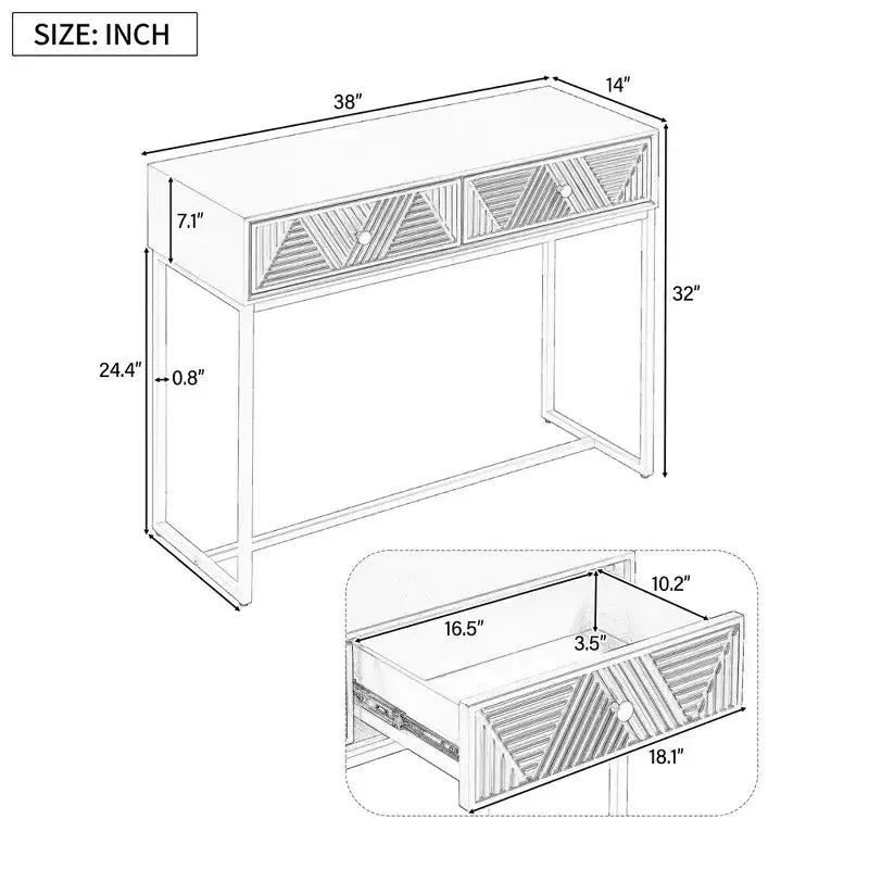MAYEERTY Console étroite moderne avec rangement 2 tiroirs motif rayures pour salon couloir blanc