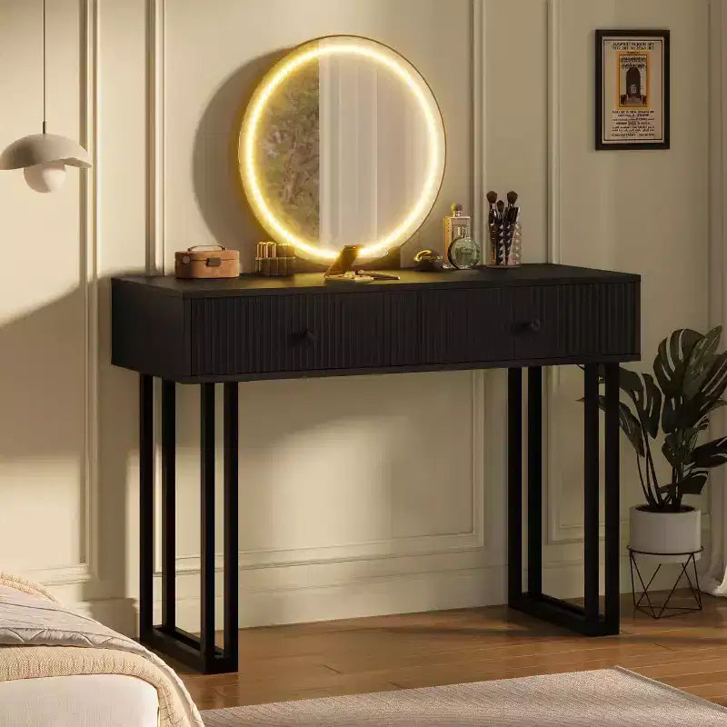 Coiffeuse avec miroir, coiffeuse de maquillage avec 2 tiroirs, 3 couleurs d'éclairage à luminosité réglable