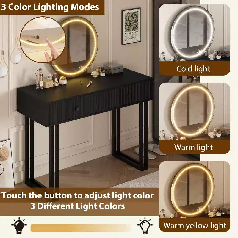 Coiffeuse avec miroir, coiffeuse de maquillage avec 2 tiroirs, 3 couleurs d'éclairage à luminosité réglable