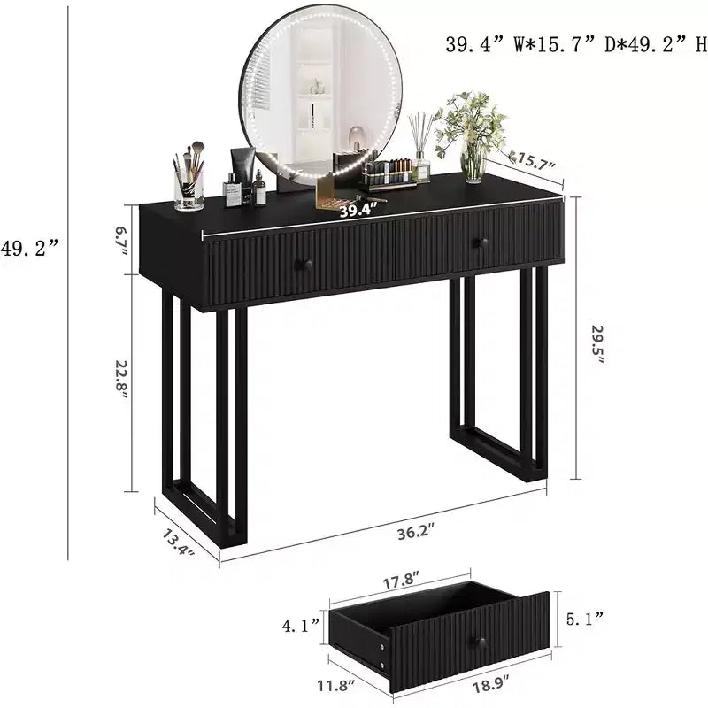 Coiffeuse avec miroir, coiffeuse de maquillage avec 2 tiroirs, 3 couleurs d'éclairage à luminosité réglable