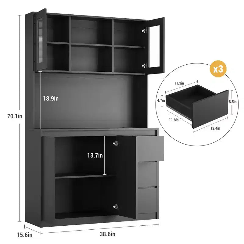 Garde-manger haut de 180 cm avec lumières LED et prises de courant, support micro-ondes avec porte en verre, étagères réglables, 3 tiroirs, design sans poignée