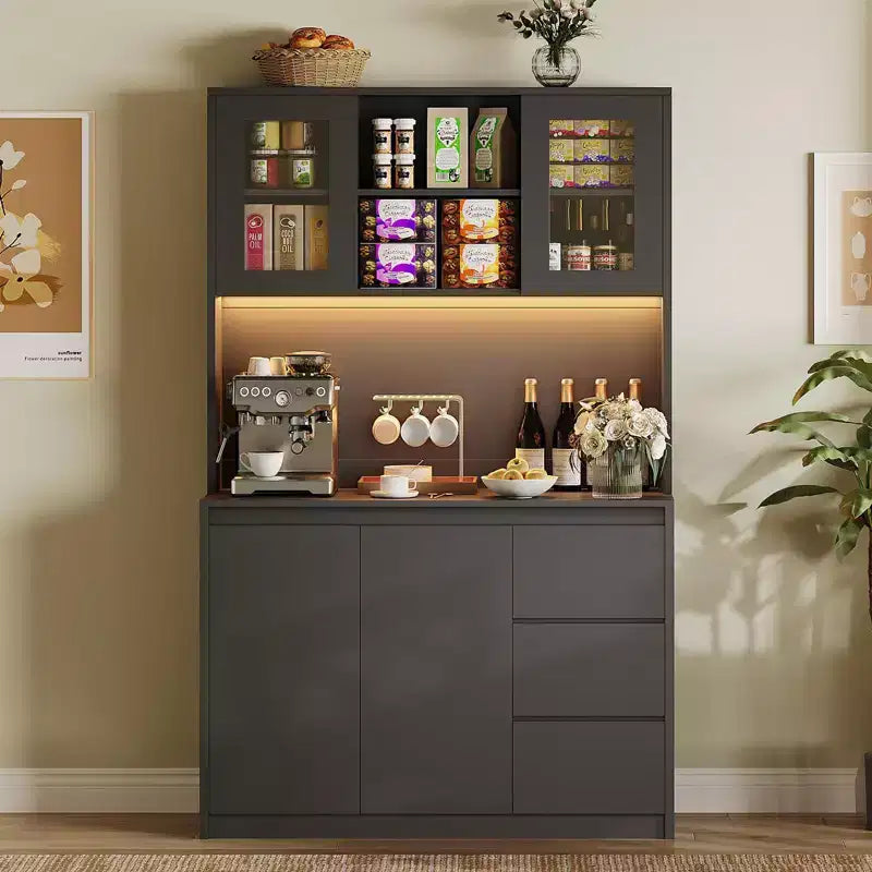 Garde-manger haut de 180 cm avec lumières LED et prises de courant, support micro-ondes avec porte en verre, étagères réglables, 3 tiroirs, design sans poignée