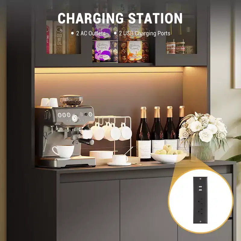 Garde-manger haut de 180 cm avec lumières LED et prises de courant, support micro-ondes avec porte en verre, étagères réglables, 3 tiroirs, design sans poignée