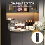 Garde-manger haut de 180 cm avec lumières LED et prises de courant, support micro-ondes avec porte en verre, étagères réglables, 3 tiroirs, design sans poignée