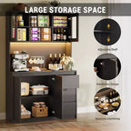Garde-manger haut de 180 cm avec lumières LED et prises de courant, support micro-ondes avec porte en verre, étagères réglables, 3 tiroirs, design sans poignée