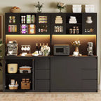 Garde-manger haut de 180 cm avec lumières LED et prises de courant, support micro-ondes avec porte en verre, étagères réglables, 3 tiroirs, design sans poignée