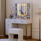 Coiffeuse avec miroir lumineux LED et prise électrique, 3 modes d'éclairage, plateau de table en acrylique blanc
