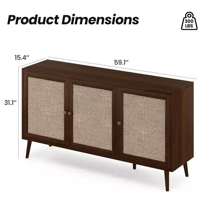 PexFix Meuble bas avec 3 portes en rotin, Armoire de rangement de cuisine moderne, Pieds réglables