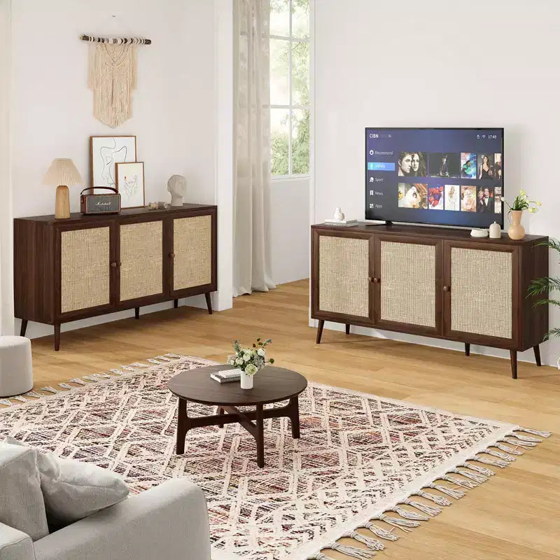 PexFix Meuble bas avec 3 portes en rotin, Armoire de rangement de cuisine moderne, Pieds réglables