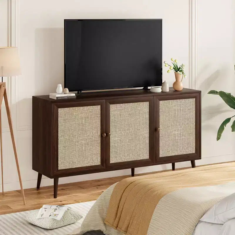 PexFix Meuble bas avec 3 portes en rotin, Armoire de rangement de cuisine moderne, Pieds réglables
