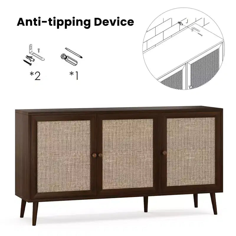 PexFix Meuble bas avec 3 portes en rotin, Armoire de rangement de cuisine moderne, Pieds réglables