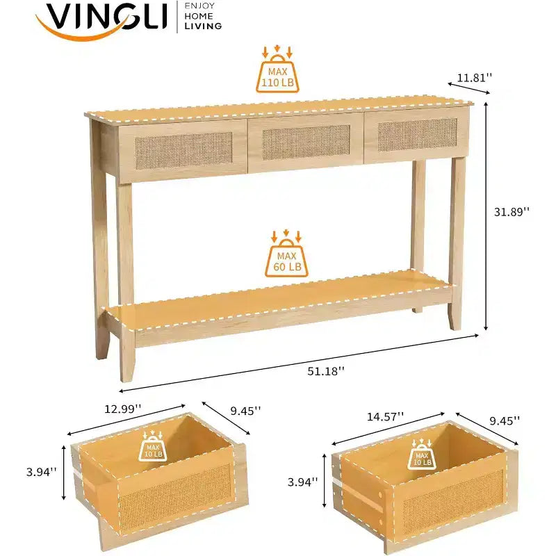 VINGLI 51 Console Table avec Tiroirs, Table d'entrée en Rotin avec Étagère de Rangement, Table Console Étroite Bohème pour Salon, Rotin Naturel