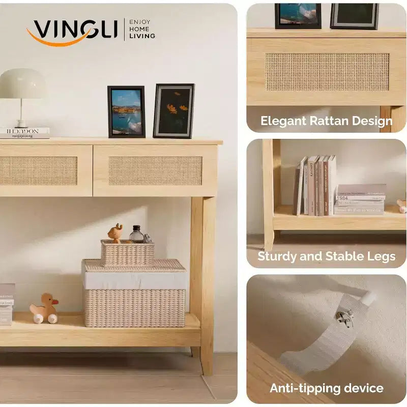 VINGLI 51 Console Table avec Tiroirs, Table d'entrée en Rotin avec Étagère de Rangement, Table Console Étroite Bohème pour Salon, Rotin Naturel