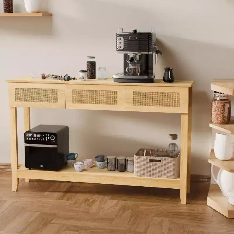VINGLI 51 Console Table avec Tiroirs, Table d'entrée en Rotin avec Étagère de Rangement, Table Console Étroite Bohème pour Salon, Rotin Naturel