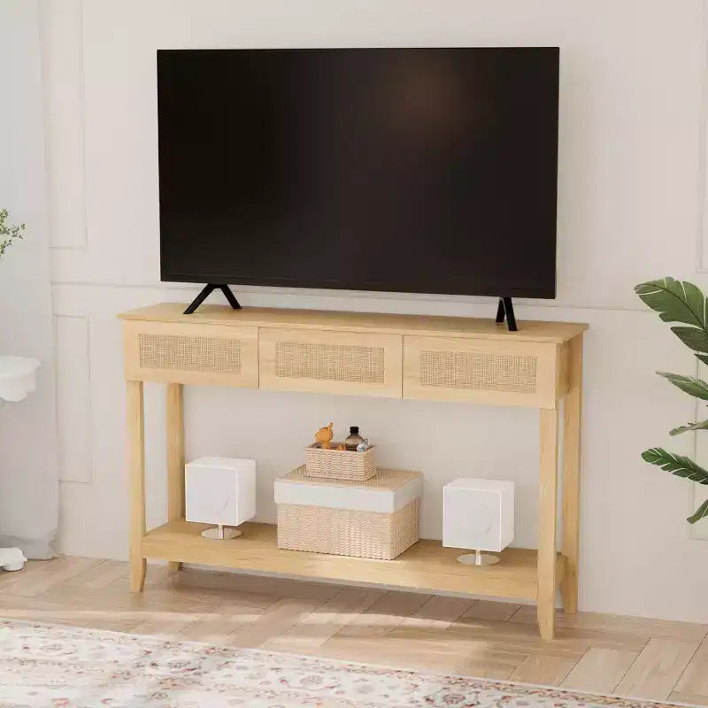 VINGLI 51 Console Table avec Tiroirs, Table d'entrée en Rotin avec Étagère de Rangement, Table Console Étroite Bohème pour Salon, Rotin Naturel