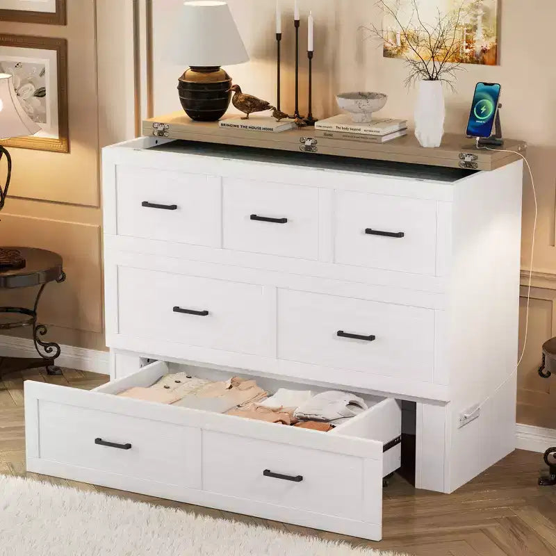 Lit escamotable ModernLuxe double/grand format avec station de recharge et tiroir de rangement, Blanc/Gris