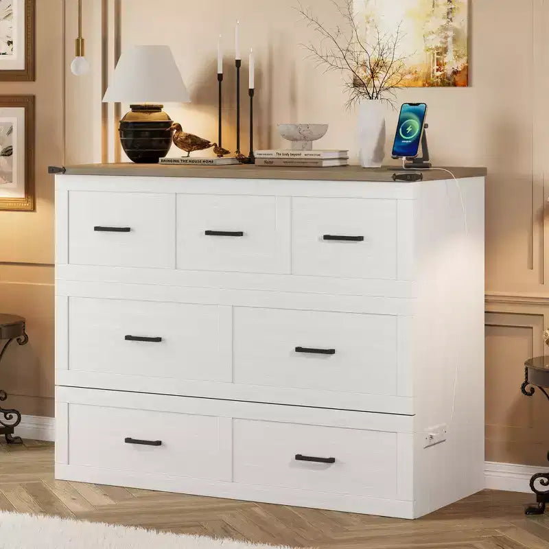 Lit escamotable ModernLuxe double/grand format avec station de recharge et tiroir de rangement, Blanc/Gris