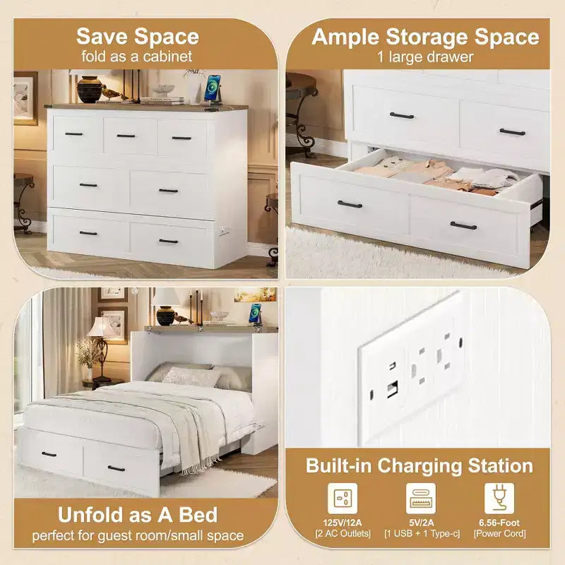 Lit escamotable ModernLuxe double/grand format avec station de recharge et tiroir de rangement, Blanc/Gris