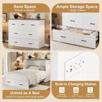 Lit escamotable ModernLuxe double/grand format avec station de recharge et tiroir de rangement, Blanc/Gris