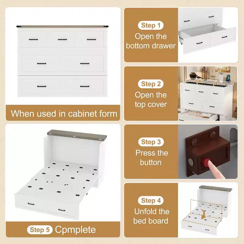 Lit escamotable ModernLuxe double/grand format avec station de recharge et tiroir de rangement, Blanc/Gris