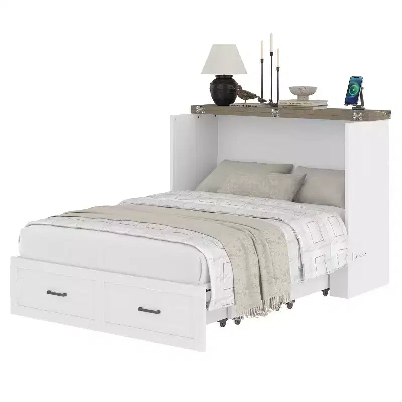 Lit escamotable ModernLuxe double/grand format avec station de recharge et tiroir de rangement, Blanc/Gris