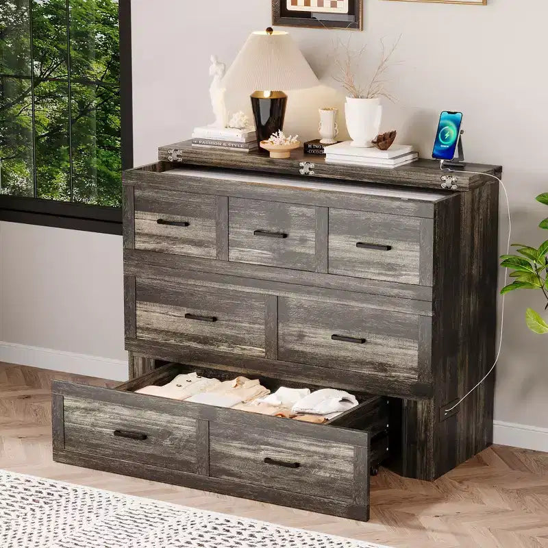 Lit escamotable ModernLuxe double/grand format avec station de recharge et tiroir de rangement, Blanc/Gris
