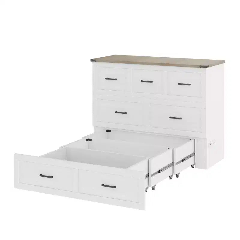 Lit escamotable ModernLuxe double/grand format avec station de recharge et tiroir de rangement, Blanc/Gris