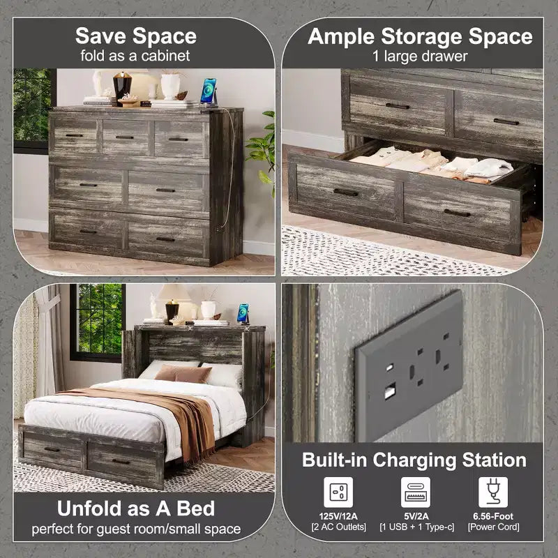 Lit escamotable ModernLuxe double/grand format avec station de recharge et tiroir de rangement, Blanc/Gris