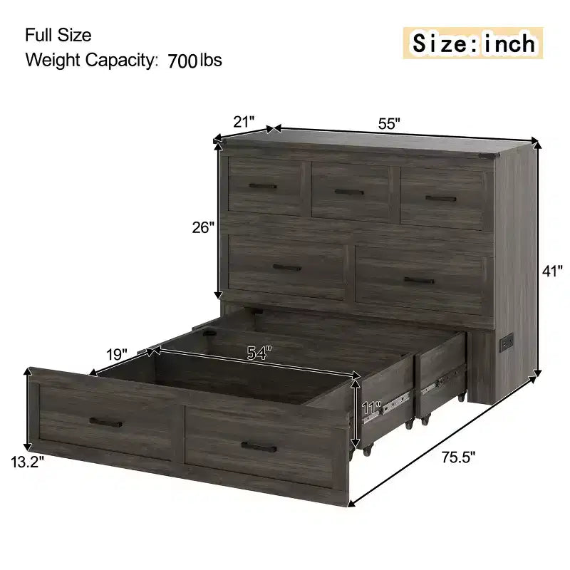 Lit escamotable ModernLuxe double/grand format avec station de recharge et tiroir de rangement, Blanc/Gris