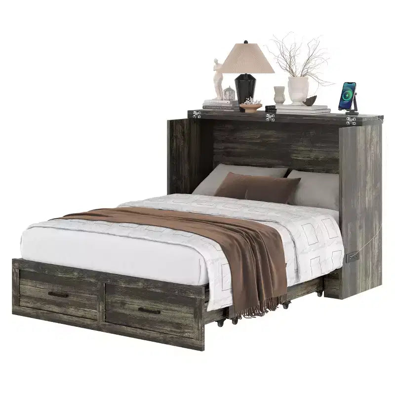 Lit escamotable ModernLuxe double/grand format avec station de recharge et tiroir de rangement, Blanc/Gris