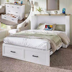 Lit escamotable ModernLuxe double/grand format avec station de recharge et tiroir de rangement, Blanc/Gris