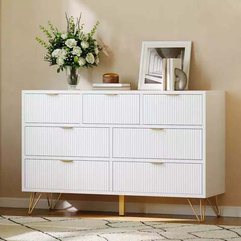 Commode à 7 tiroirs pour chambre à coucher, commode large de 120 cm avec pieds en métal, meuble TV de rangement, organisateur de rangement d'entrée