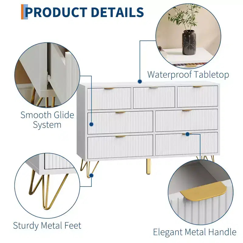 Commode à 7 tiroirs pour chambre à coucher, commode large de 120 cm avec pieds en métal, meuble TV de rangement, organisateur de rangement d'entrée