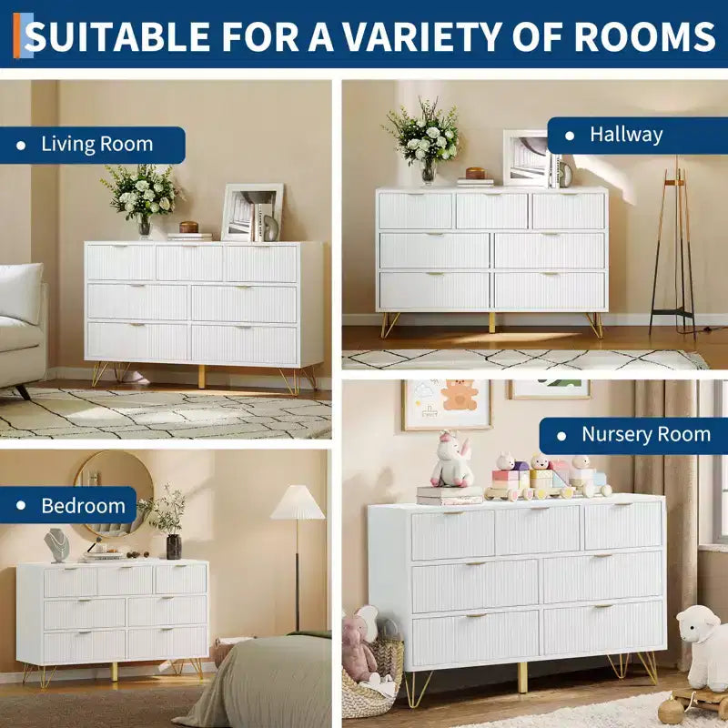 Commode à 7 tiroirs pour chambre à coucher, commode large de 120 cm avec pieds en métal, meuble TV de rangement, organisateur de rangement d'entrée