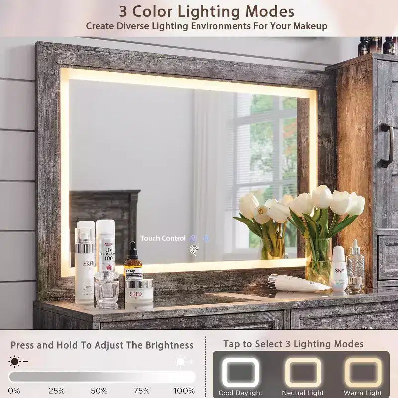 Coiffeuse de ferme Mastgoal avec miroir LED à écran tactile, grande table de maquillage de 119 cm, 6 tiroirs, plateau en verre, station de recharge, table de toilette en bois rustique