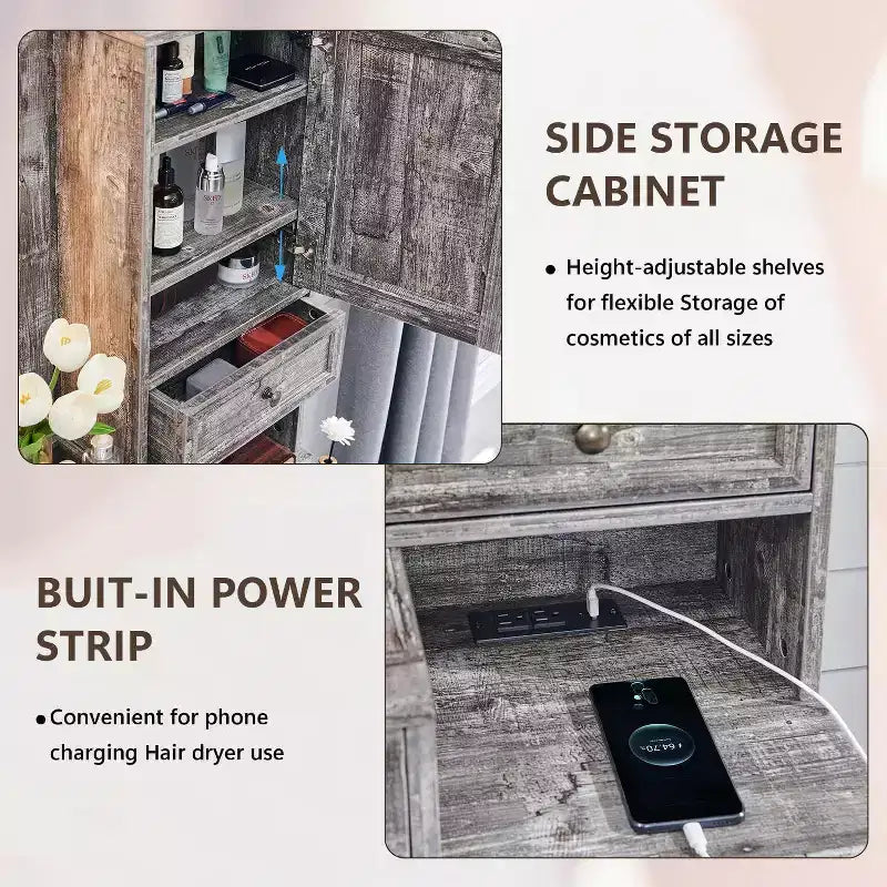 Coiffeuse de ferme Mastgoal avec miroir LED à écran tactile, grande table de maquillage de 119 cm, 6 tiroirs, plateau en verre, station de recharge, table de toilette en bois rustique