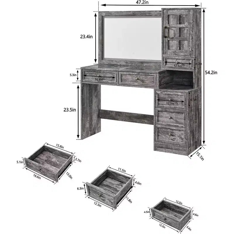 Coiffeuse de ferme Mastgoal avec miroir LED à écran tactile, grande table de maquillage de 119 cm, 6 tiroirs, plateau en verre, station de recharge, table de toilette en bois rustique