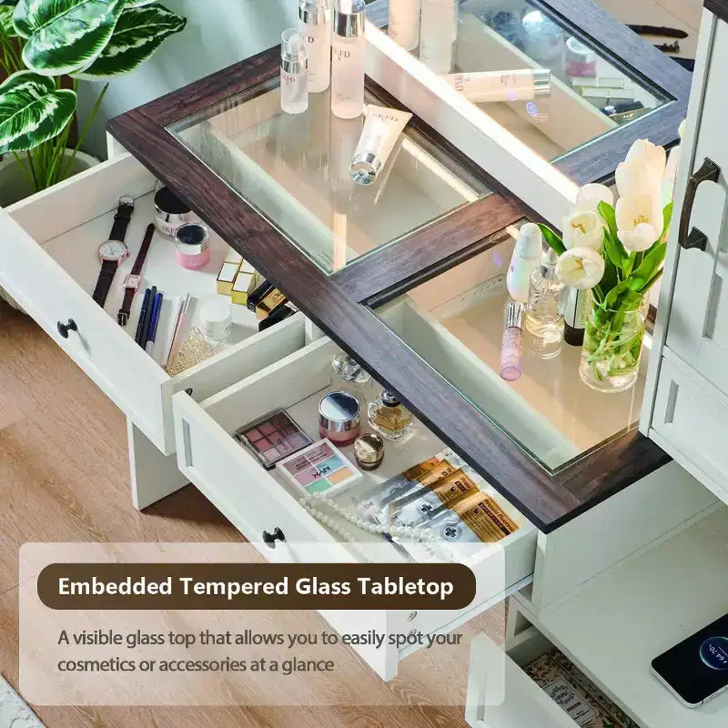 Coiffeuse de ferme Mastgoal avec miroir LED à écran tactile, grande table de maquillage de 119 cm, 6 tiroirs, plateau en verre, station de recharge, table de toilette en bois rustique