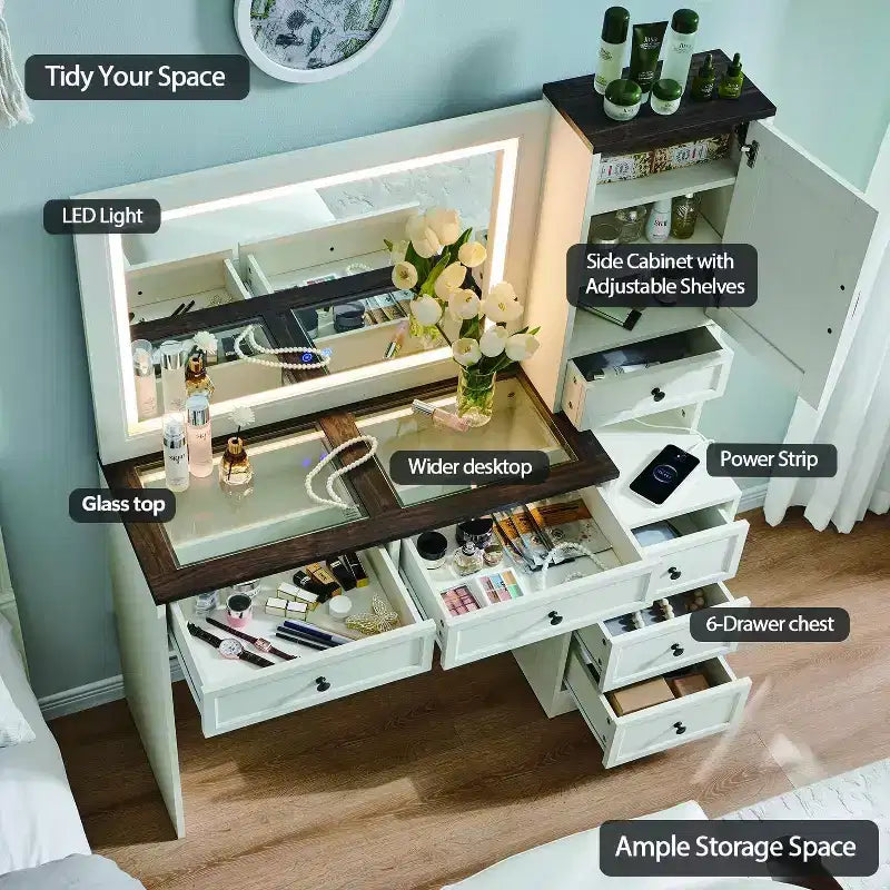 Coiffeuse de ferme Mastgoal avec miroir LED à écran tactile, grande table de maquillage de 119 cm, 6 tiroirs, plateau en verre, station de recharge, table de toilette en bois rustique