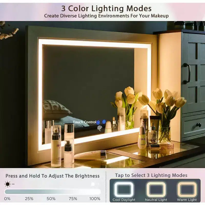 Coiffeuse de ferme Mastgoal avec miroir LED à écran tactile, grande table de maquillage de 119 cm, 6 tiroirs, plateau en verre, station de recharge, table de toilette en bois rustique