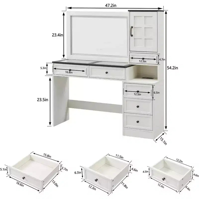 Coiffeuse de ferme Mastgoal avec miroir LED à écran tactile, grande table de maquillage de 119 cm, 6 tiroirs, plateau en verre, station de recharge, table de toilette en bois rustique
