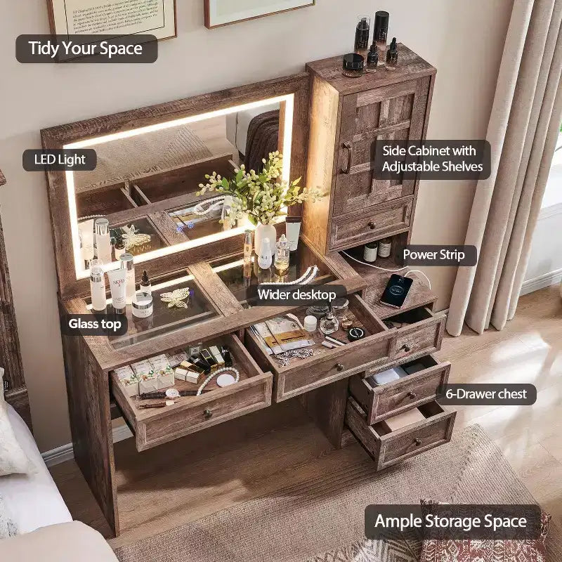 Coiffeuse de ferme Mastgoal avec miroir LED à écran tactile, grande table de maquillage de 119 cm, 6 tiroirs, plateau en verre, station de recharge, table de toilette en bois rustique