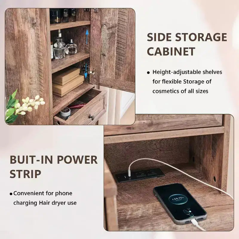 Coiffeuse de ferme Mastgoal avec miroir LED à écran tactile, grande table de maquillage de 119 cm, 6 tiroirs, plateau en verre, station de recharge, table de toilette en bois rustique