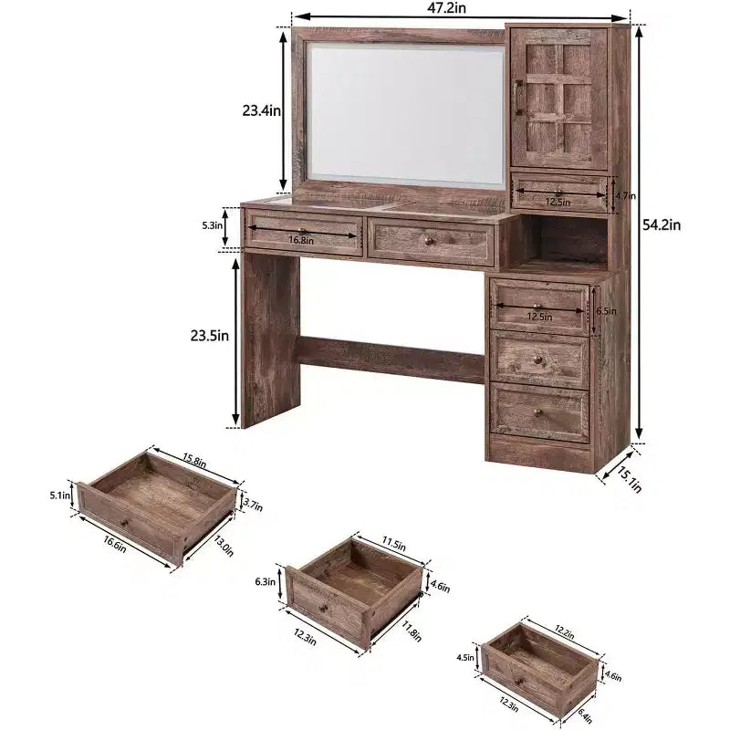 Coiffeuse de ferme Mastgoal avec miroir LED à écran tactile, grande table de maquillage de 119 cm, 6 tiroirs, plateau en verre, station de recharge, table de toilette en bois rustique