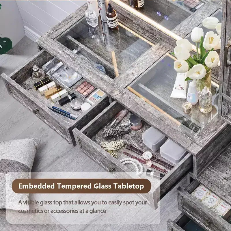 Coiffeuse de ferme Mastgoal avec miroir LED à écran tactile, grande table de maquillage de 119 cm, 6 tiroirs, plateau en verre, station de recharge, table de toilette en bois rustique